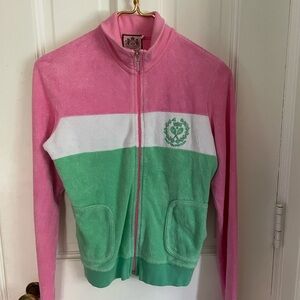 Ultra Rare Juicy Couture Terry Cloth Full Zip Hoodie. Green, White, Pink Stripe.